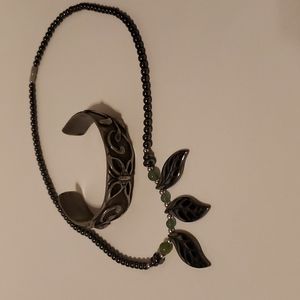 Hematite Leaf Necklace & Butterfly Metal  Bracelet Set